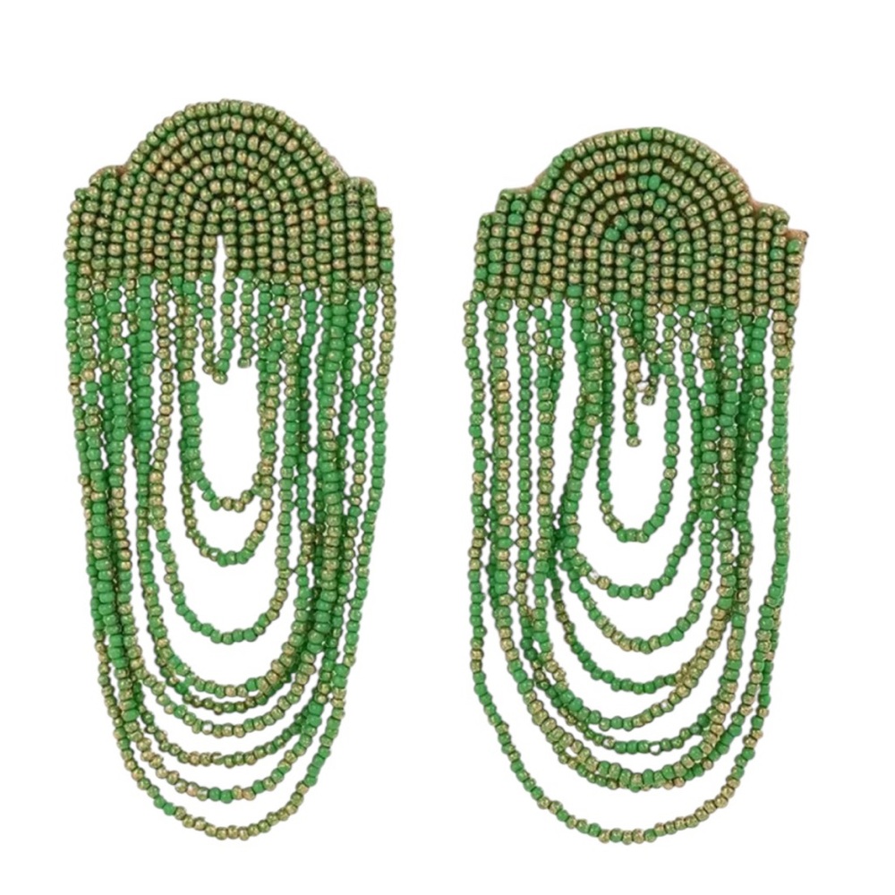 Green Handcrafted Beaded Tassel Earrings